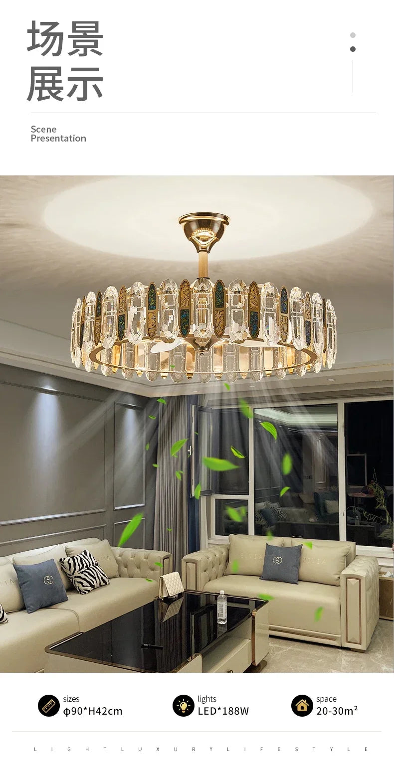 Crystal Ceiling Fan Lamp Modern Living Room Dining Room Remote Integrated Ceiling Fan Light Home Bedroom Study Silent Fan Lights