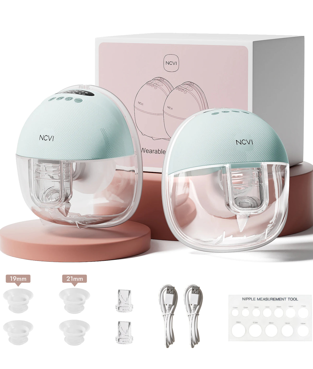 NCVI 2Pack Wearable Breast Pump Hands‑Free,1500mAh Battery,Quiet LED Display,4 Modes 9 Levels,19/21/24mm Flanges for Nursing Mom
