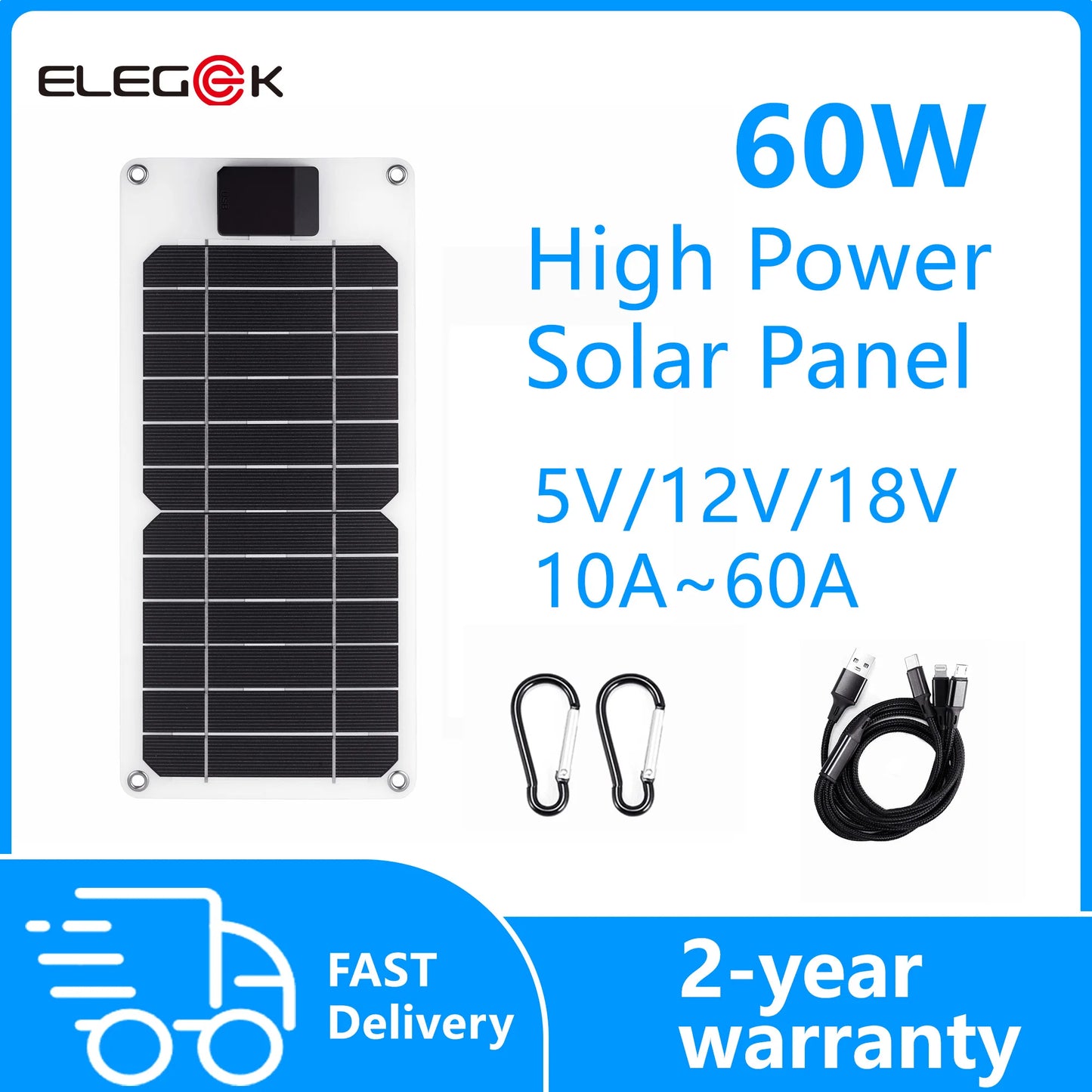 ELEGEEK 60W Solar Panel Charger,5V USB Portable Battery Charger for Cell Phone Outdoor Waterproof Power Bank for Camping