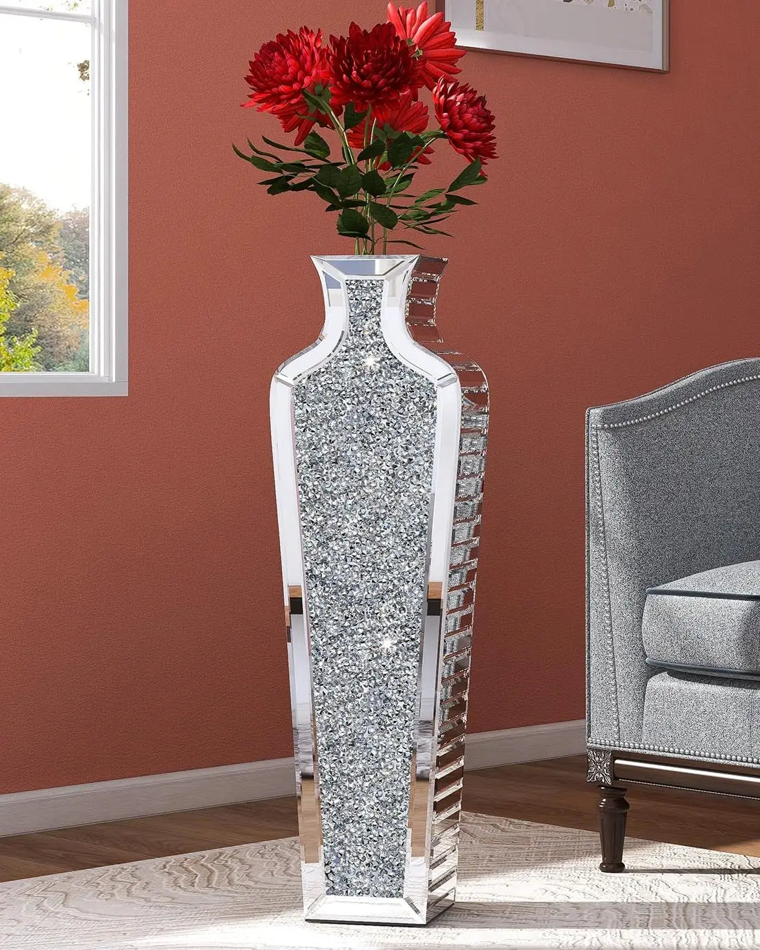 Tall Crushed Diamond Floor Vase Large Silver Mirror Vases for Decor Living Room Floor, Luxury Container for Dried Flower