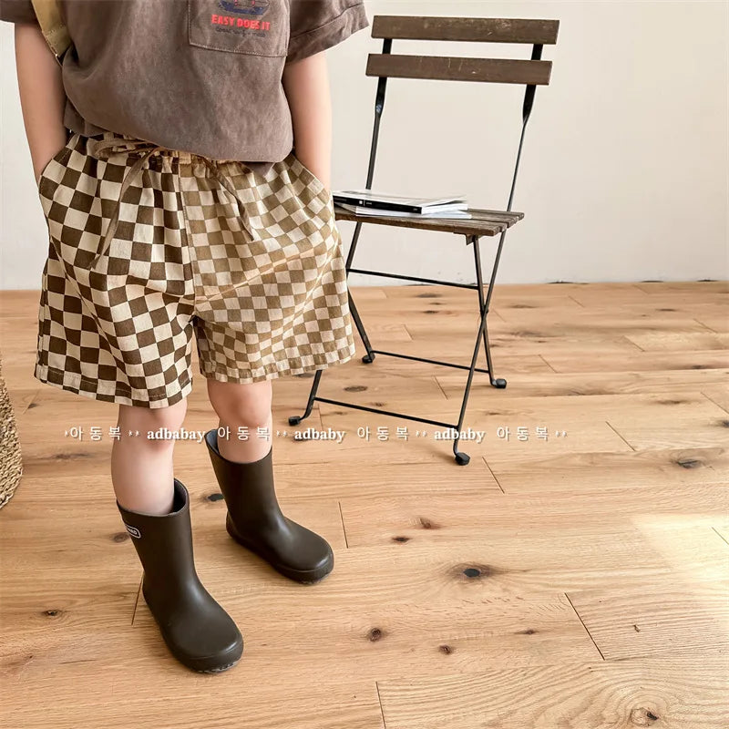 deer jonmi 2023 Summer Korean Style Children Plaid Patchwork Shorts Baby Boys Casual Chic Loose Shorts Kids Clothes