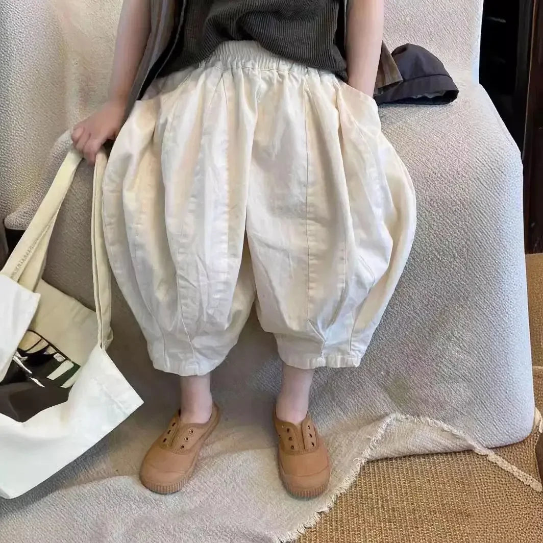 Children's Pants Korean Summer New Girls Solid Color Casual Wide Leg Cropped Pants for Boys Versatile Harlan Pants