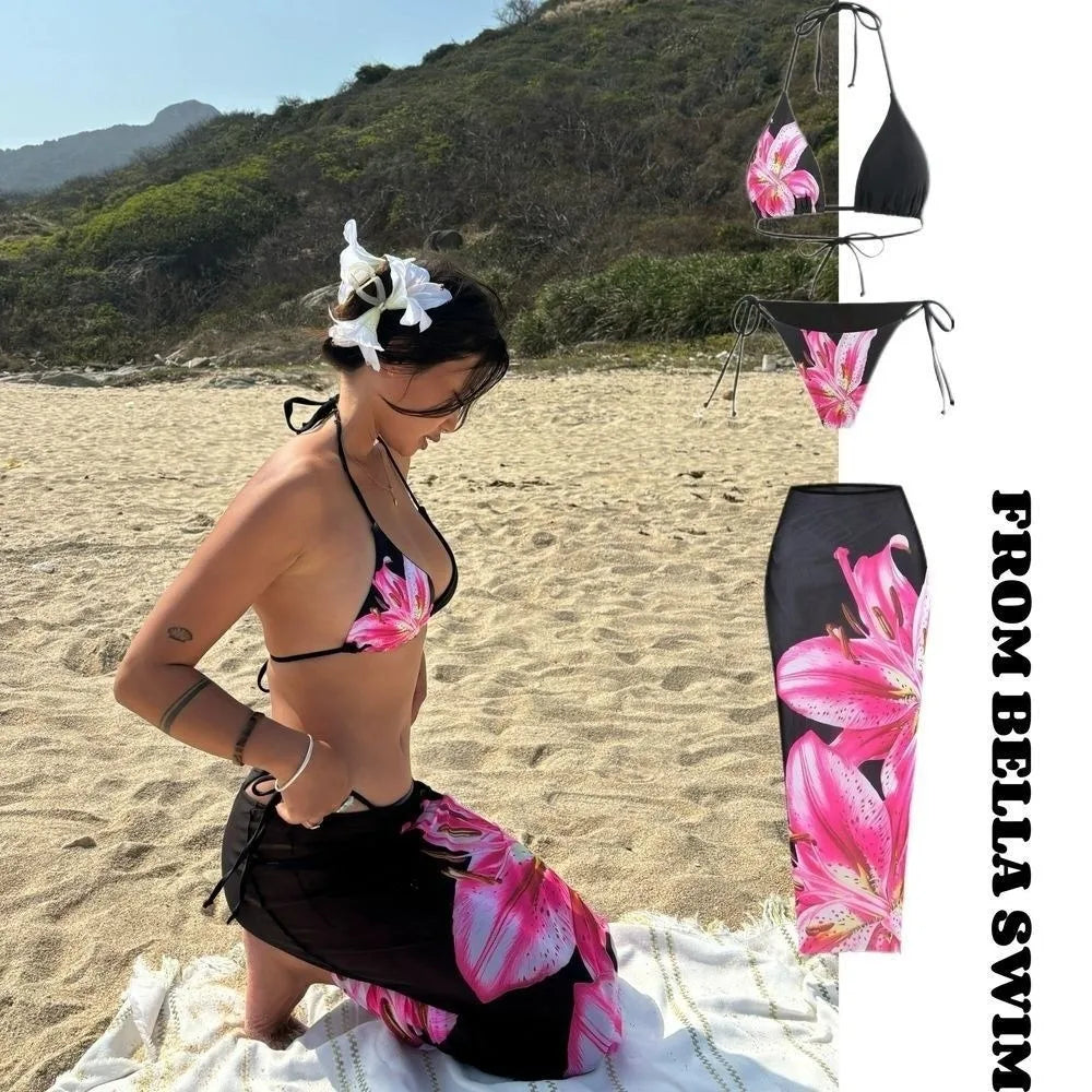 3pcs Stylish Long Dress Bikini Set for Women Halter Neck Self Tie Bathing Suits Sexy Summer Separated Swimsuits Summer Season