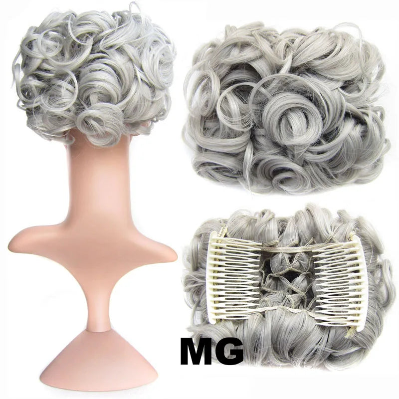 Synthetic Curly Messy Bun With Combs Scrunchie Chignon Dish Hair Bun Extension Clip in Hair Bun Hairpiece for Women Girls