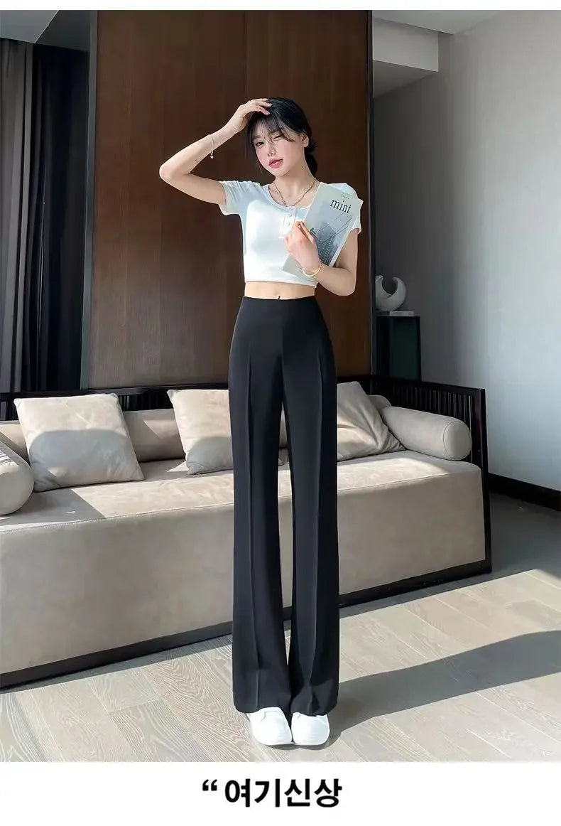 Solid Tailoring High Waist Female Pants Straight Leg Work Loose Clothes Baggy Office Trousers for Women Casual Original Nylon G