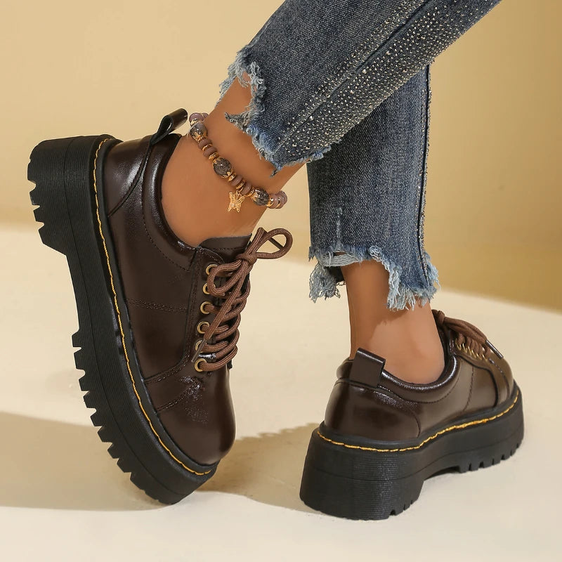 Thick Bottom Women's Low Top Soft Leather Round Toe Casual Student Lolita Flat Shoes Women Platforms Zapatos De Mujer
