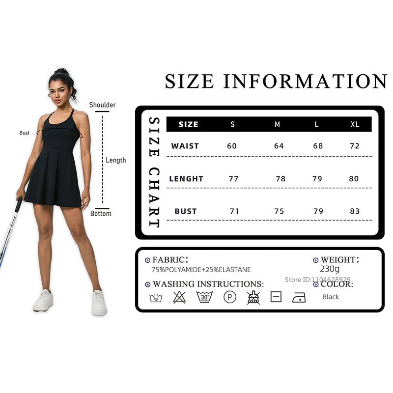 Summer Women Sexy Backless Tennis Dress Sleeveless A-lined Athletic Dress Built-in Bra & Shorts Ladies Elastic Workout Skirts