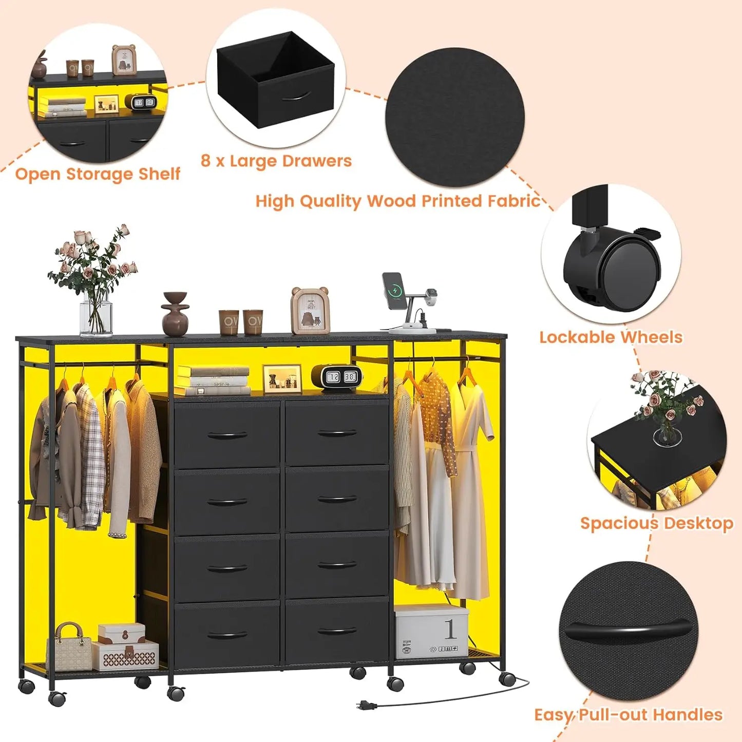 59.1" W Dresser for Bedroom with Hanging Rack, 8 Drawer Dresser with LED Lights & Charging Station, Fabric Dressers