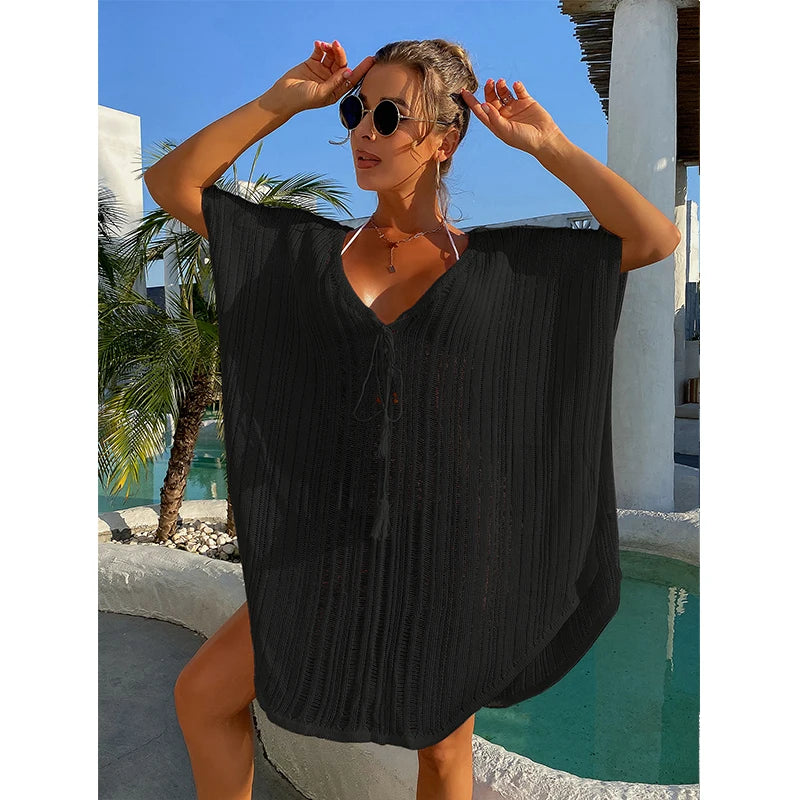Knitting Binding Rope Bikini Cover Up Sexy Hollow Loose Dress Female Summer Swimsuit Beach Sunscreen Smock Dress