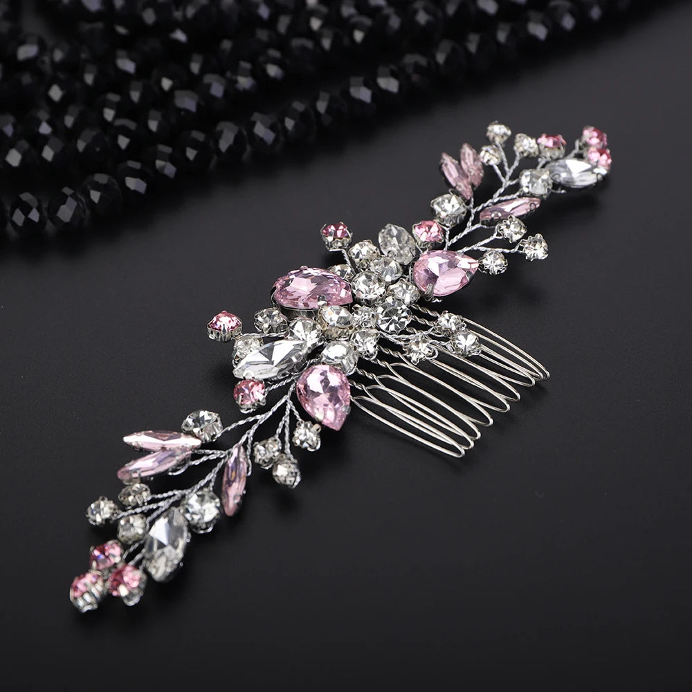 Crystal Flower Bride Hair Accessories Red Wedding Head Jewelry Blue Rhinestone Headdresses Women Hair Comb 9 Colors Headpieces