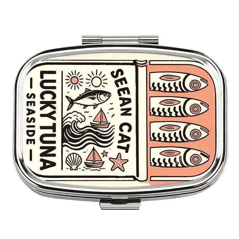【WA】LUCKY TUNA Sardines Print Metal Pill Box, Portable 2-Compartment Travel Pill Organizer For Vitamins & Pills