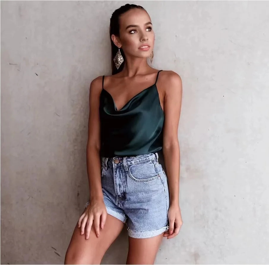 Summer Sexy Satin Strap Vest Top Sleeveless Inner Wear Base Tank Top Backless Splice Straight Cut Regular Length Women's Vest