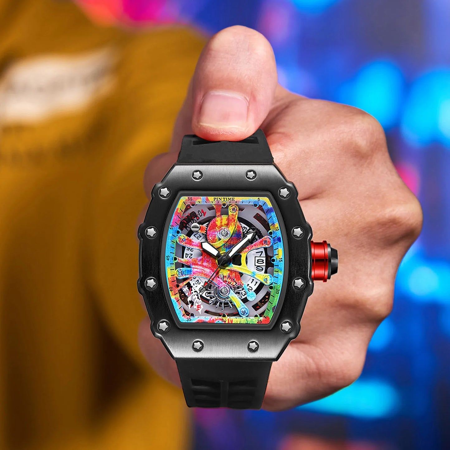 High-end Colored Hip Hop Dial  PINTIME Watch for Men Silicone Strap Stainless Steel Case Fashion Waterproof Quartz Wristwatch