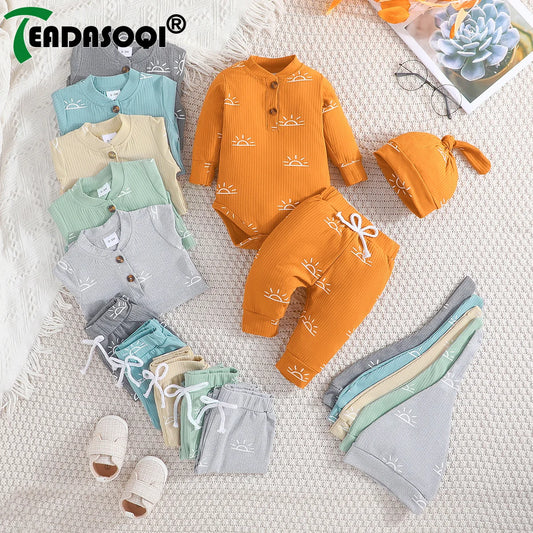 3PCS Baby Boys Clothes Set Spring Autumn Knitted V-neck Romper+infant Pants+hat Newborn Outfits , Newborn Clothing 0-18M