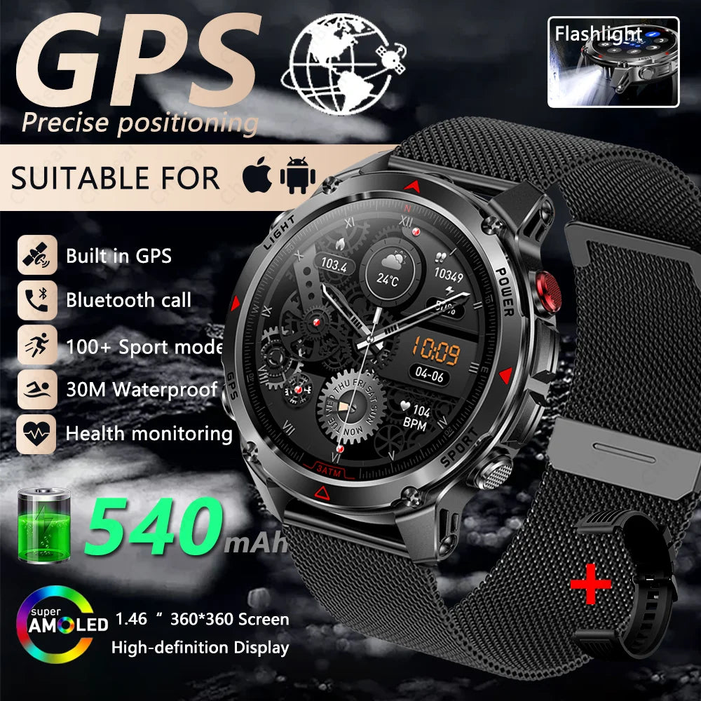2025 New Outdoor Millitary Smart Watch Men GPS Positioning 540mAh Battery Waterproof Sports Fitness Tracker BT Call Smartwatch