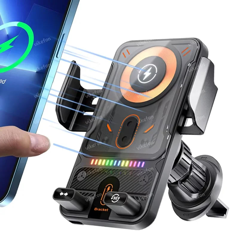 Auto-Sensing Car Wireless Charger Electric Rotating Mount Ambient Light Compatible Fast Charging Station for iPhone 17 16 15 14