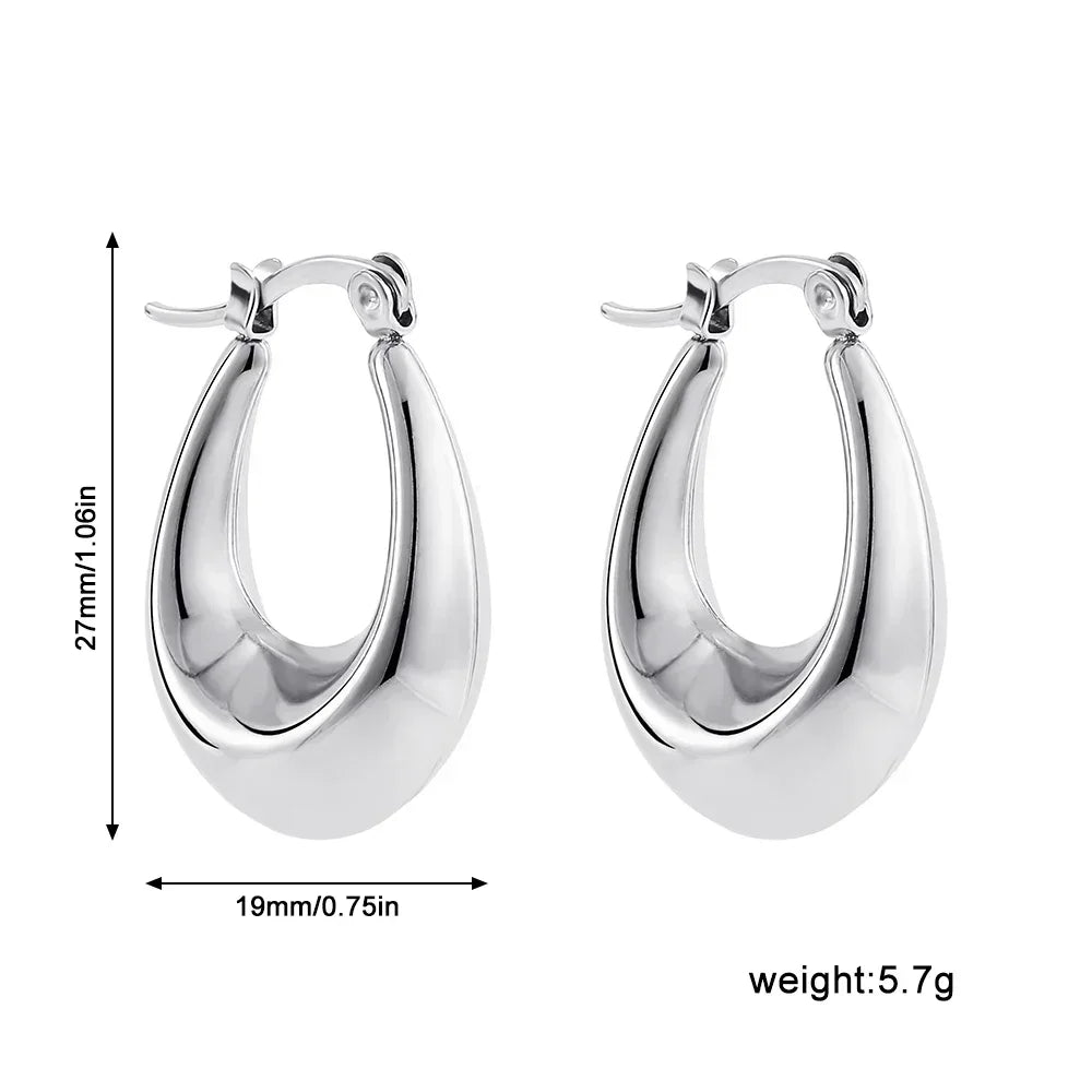 New Trend Silver Color Polished Stainless Steel CC Circle Chunky Hoop Earrings Twist PVD Dome Lightweight Hammered Drop Earrings
