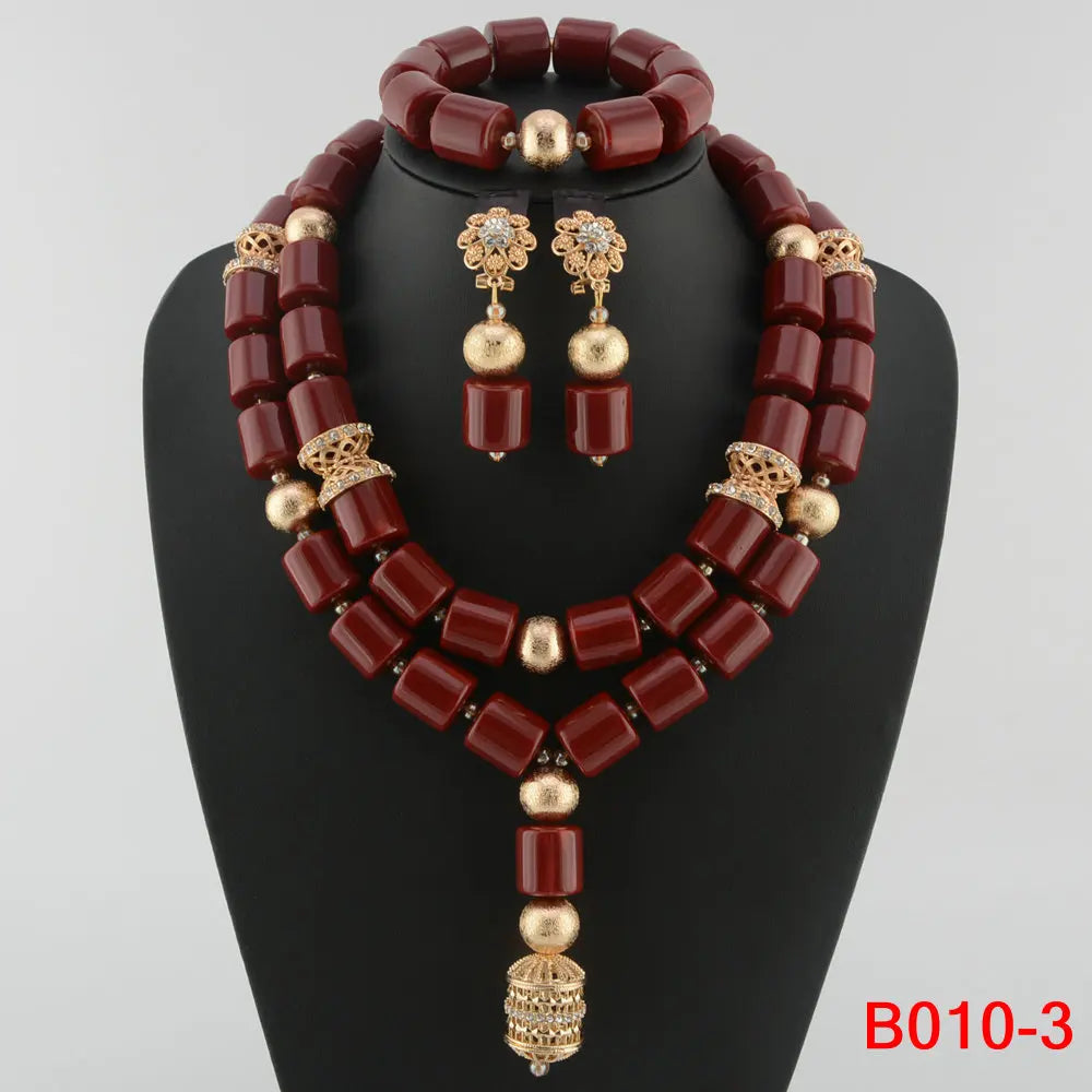 High Quality 2 Layers Artificial Coral Bead African Wedding Jewelry Set Women Necklace Nigeria Bride Party Gift