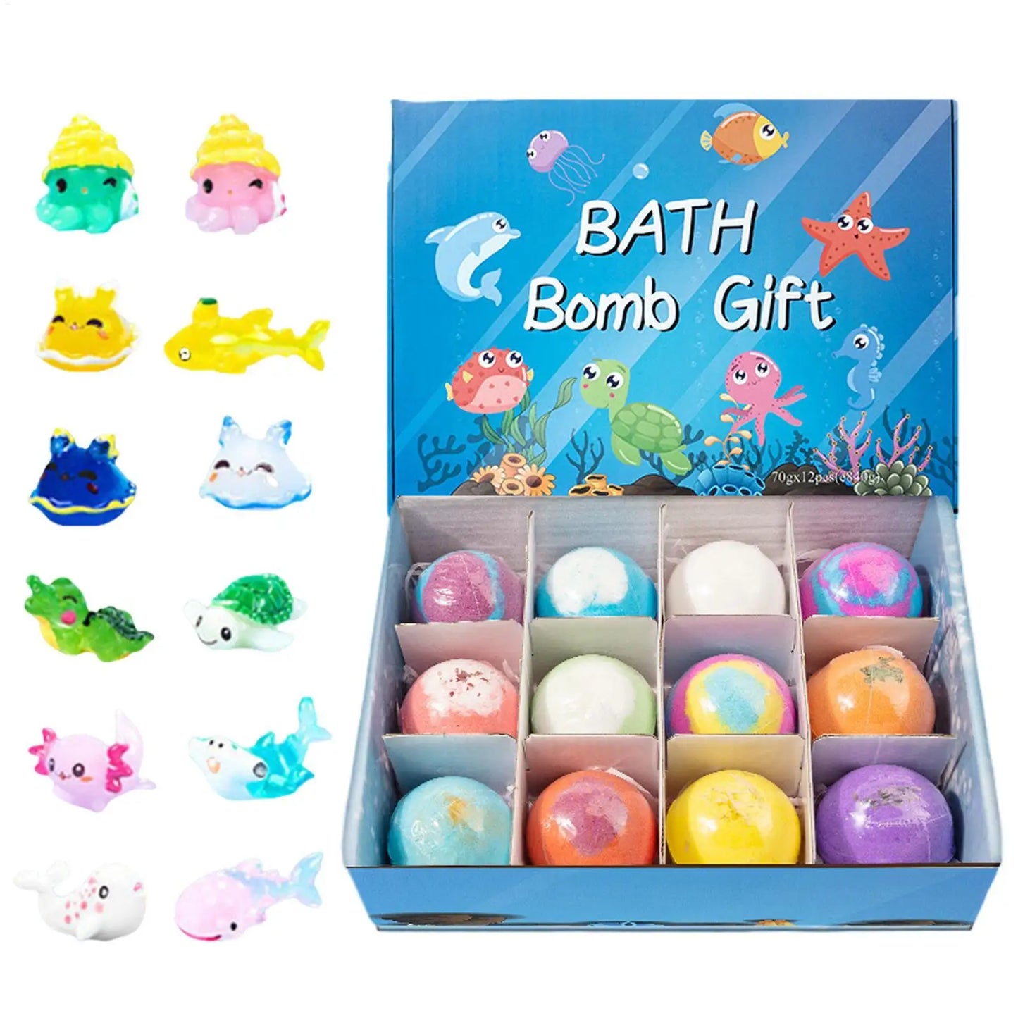 12Pcs Ocean Themed Bath Bombs Gift Set with Surprise Sea Animal Toys Inside Natural Bubble Bath Salt Balls for Kids Holiday Gift