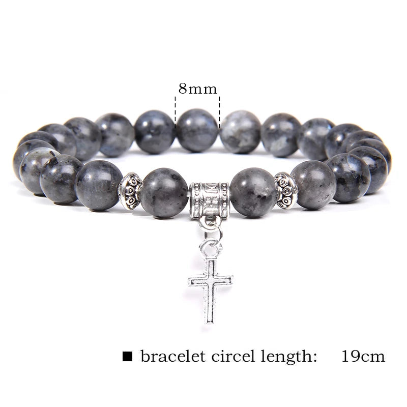 Cross Pendent Stretch Bracelet Natural Grey Map Labradorite Turquois Stone Bead Bracelet Prayer Bangle Men Vintage Jewelry Gift