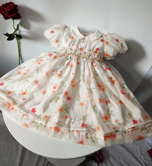 2025 Summer Girls Vintage Floral Smocked Dresses Girls Short Sleeve Embroidery Smock Dress For Party Birthday Children Vestidos