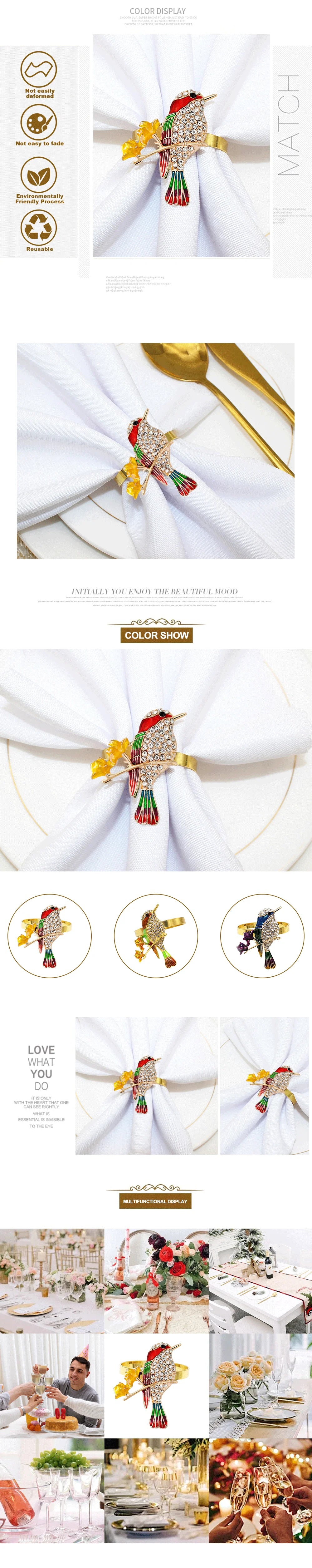20Pcs Crystal Bird Tree Branch Napkin Rings Rhinestone Hummingbird Animal Napkin Holder for Christmas Wedding Dinner Party Decor
