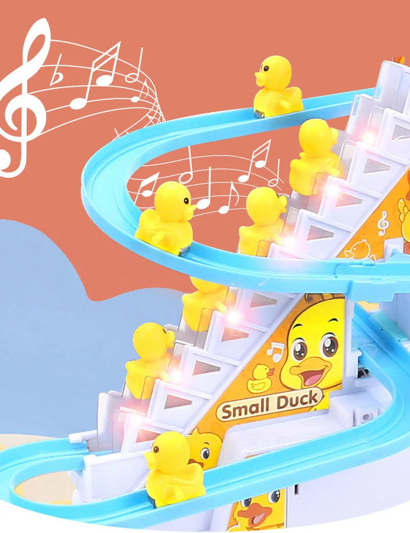 Electric Duck Track Rail Racing Slide Piggy Climbing Stairs Baby Toy LED Lights Musical Slide Roller Coaster Toys for Gift