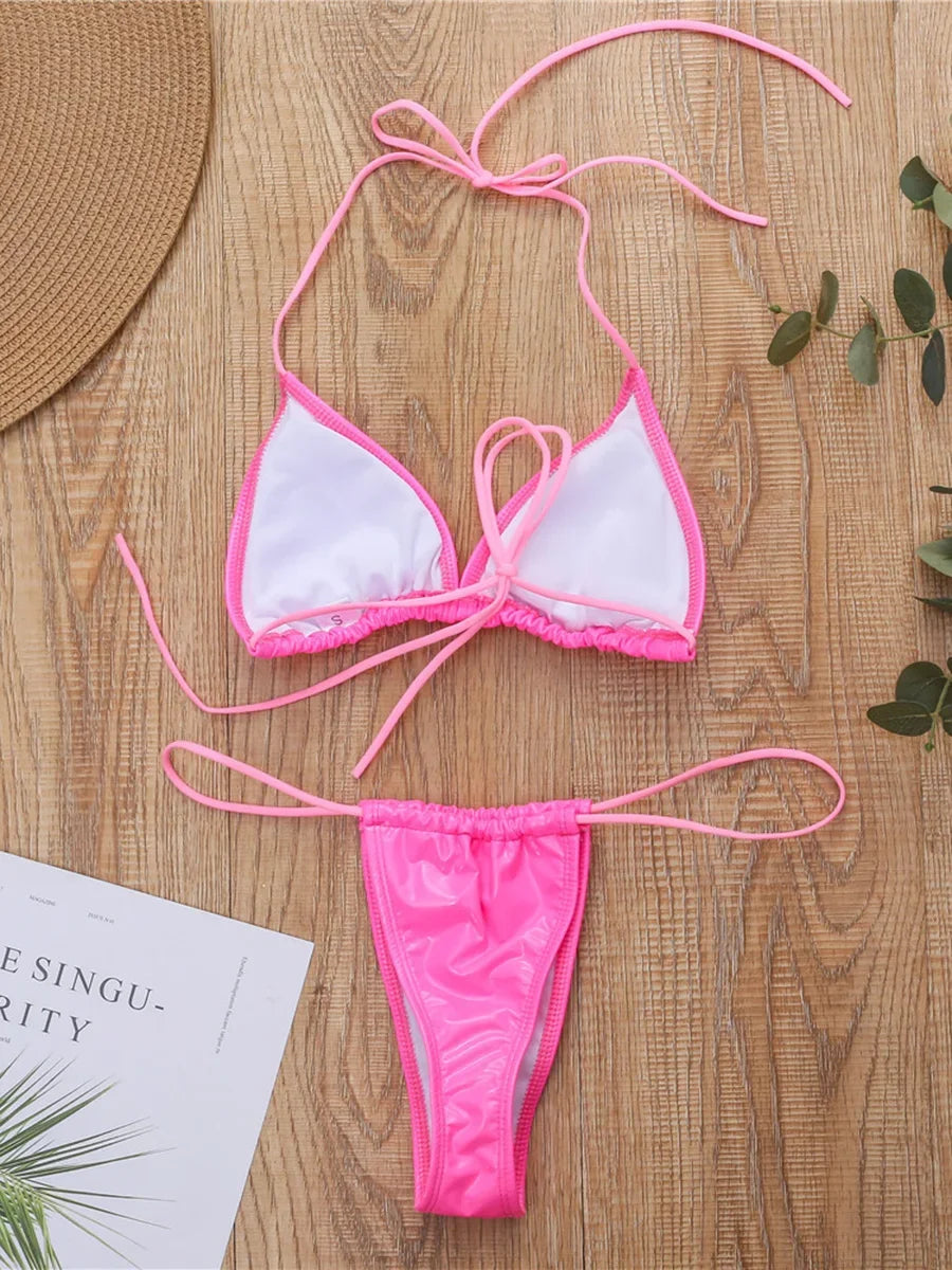 Shiny PU Mini Micro Bikini 2025 Women Swimsuit Female Brazilian Swimwear Two Pieces Bikini Set High Cut Bathing Suit Swim Lady