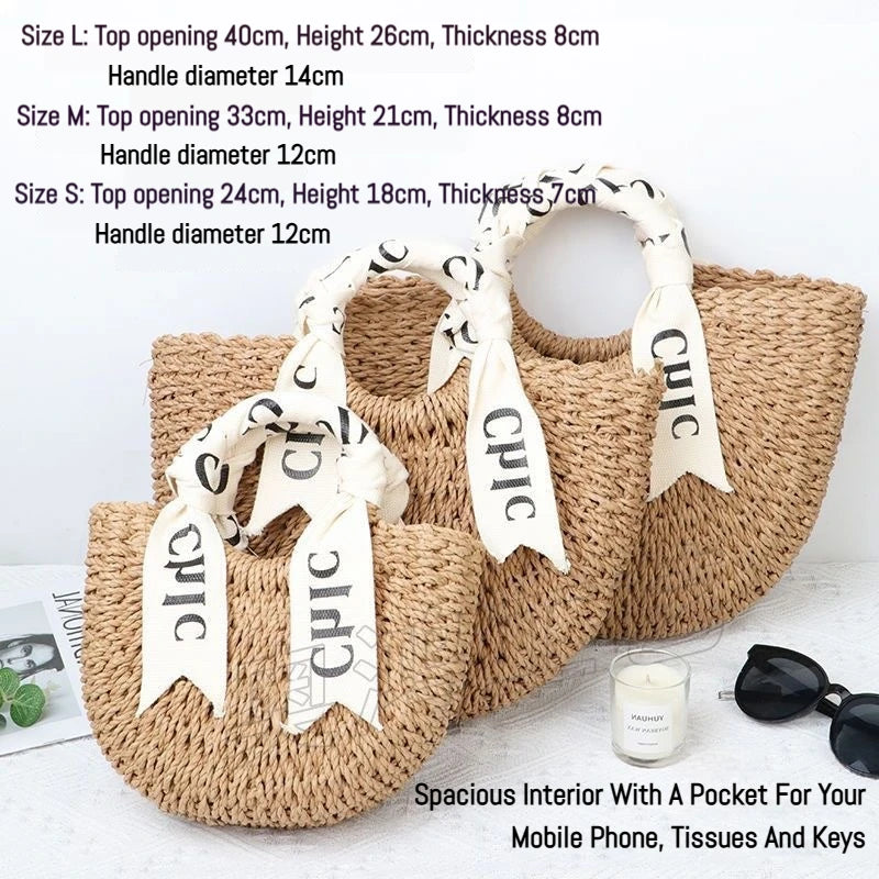 Hand Woven Straw Semicircle Tote Bag Large Capacity Handheld Crossbody 2-in-1 Beach Vacation Fashion Bag for Women