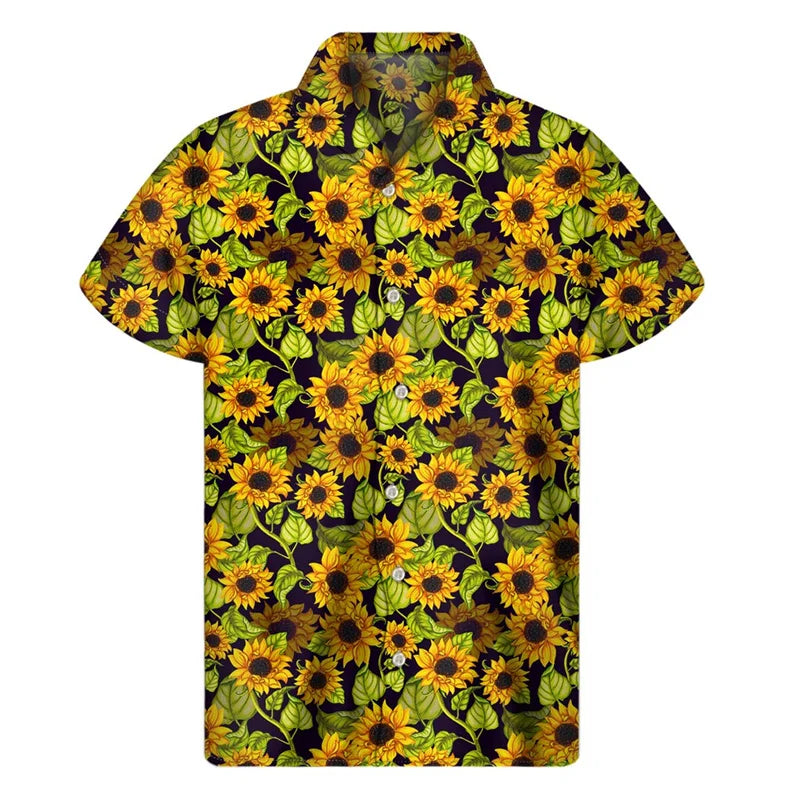 3d Plants Sunflower Print Shirt For Men Fashion Classic Short Sleeve Summer Vacation Shirts Breathable Tops Hawaiian Shirts