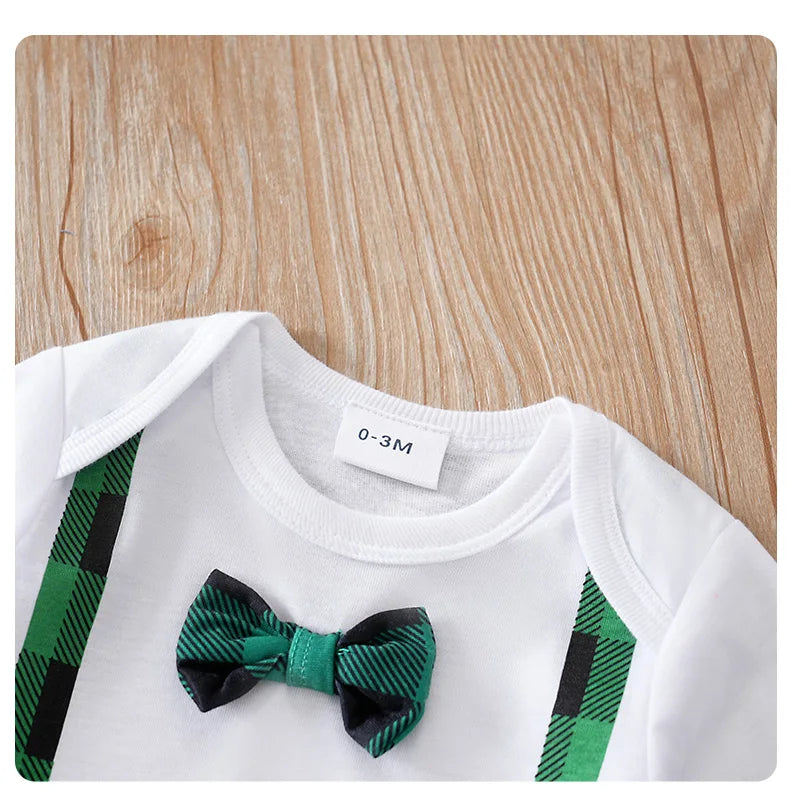 Christmas Newborn Baby sets 2pcs Autumn Green checkered print Gentleman's bow tie long-sleeved Unisex Fashion Baby clothes