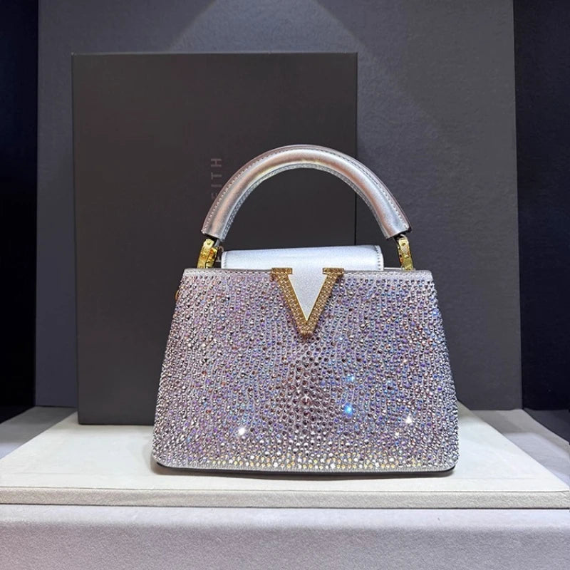 Luxury Brand Leather Diamond Handbag Rhinestone Shoulder Cross-body Tote Bags for Women Bolso Marca Lujo