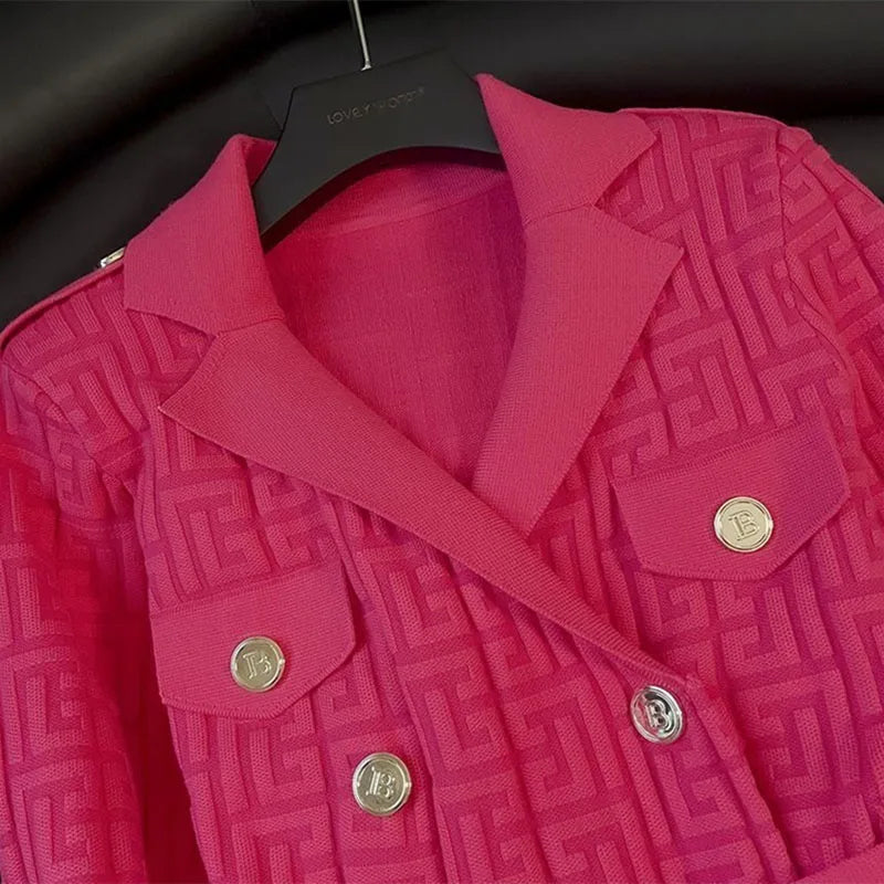 2025 Autumn Winter High-Grade Suit Collar Knitted Dress Women Fashion Double-Breasted Middle Long Over-The-Knee Sweater Vestidos