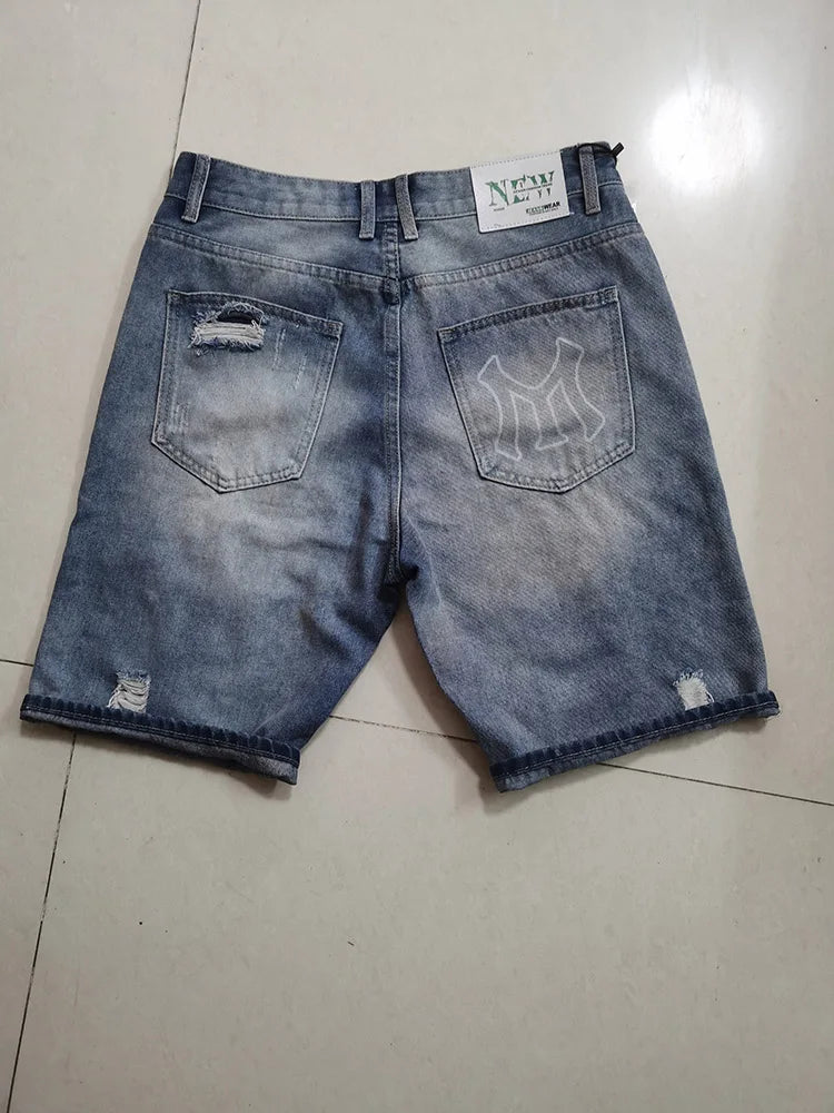 New Korean Style Clothes Luxury Washed Distressed Boyfriend Men's Casual Summer Denim Jeans Distressed Holes Prints Shorts Male