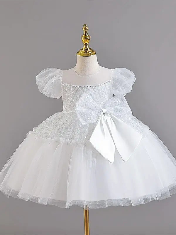 Summer clothing suitable for toddlers mesh large bow baby's first birthday ball dress white baby girl baptism dress