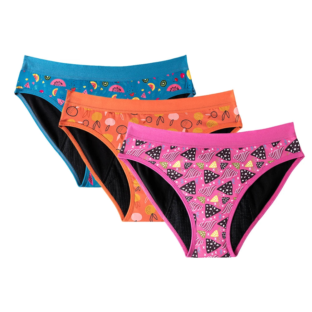 3PCS/Lot Girls Cotton Menstrual Panties For Teenager Printing Fabric Underwear 4-Layers Medium Flow Absorption Panties for Girls