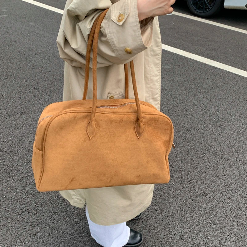 Vintage Women Business Shoulder Bags Simple Ladies Commute Tote Bag Suede Leather Female Underarm Bag Burgundy Large Handbags