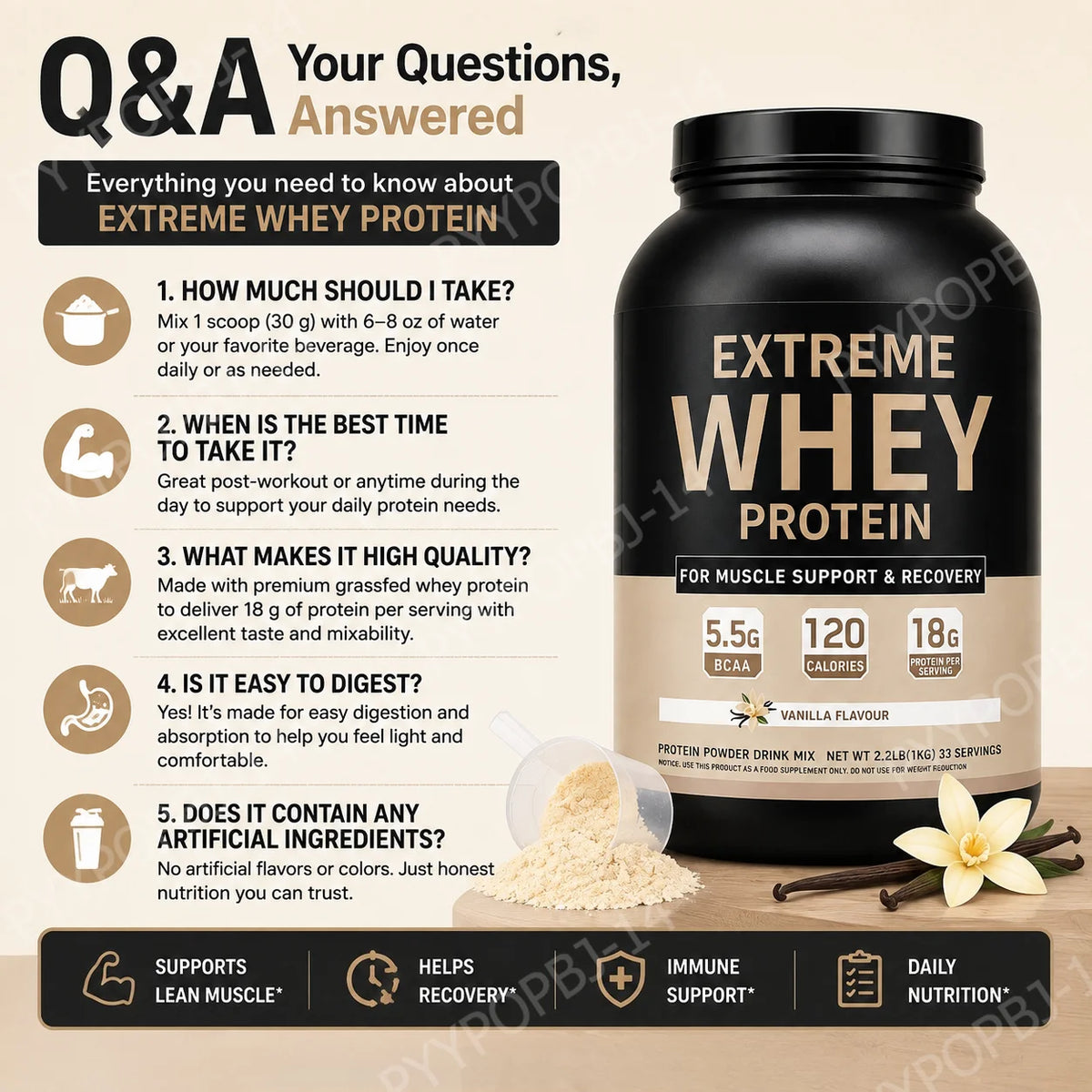Whey Protein Powder 18g Protein 5.5g BCAA, Vanilla Flavor for Muscle Support Recovery and Daily Sports Nutrition 33 Servings 1kg