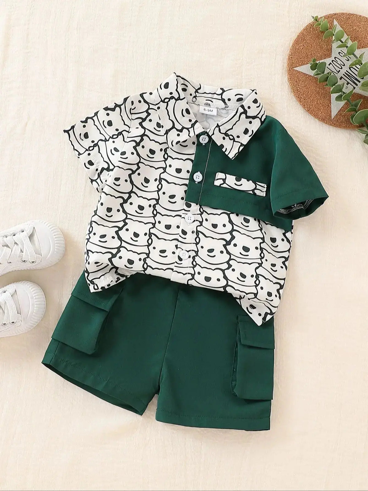 Baby Boys 2-Piece Set Cartoon Teddy Bear Printed Short-Sleeved Shirt And Shorts Fashionable Summer Outfit for Toddlers