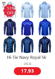 Hi-Tie Pure Black Silk Mens Shirts Plain Smooth Long Sleeve Formal Dress Blouse for Male Wedding Business Events Oversized Gift