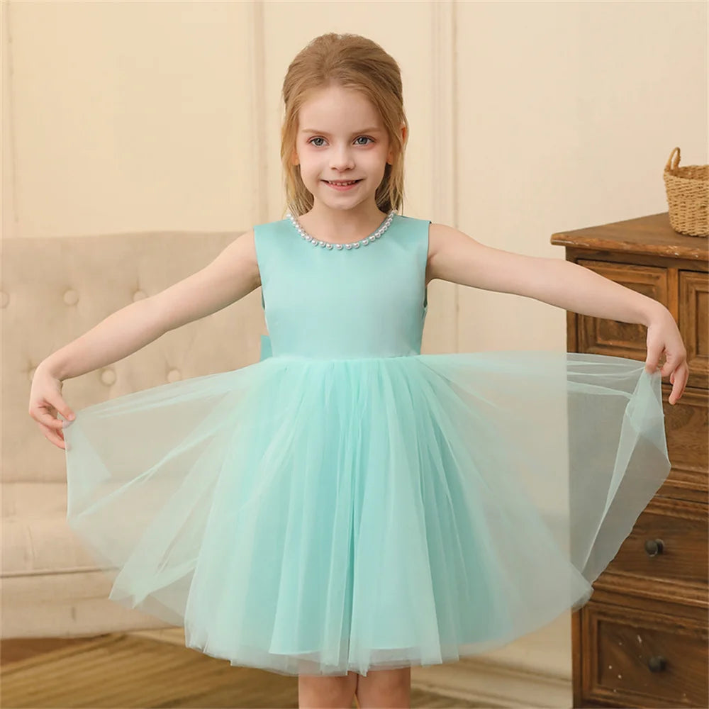 Toddler Girl Flower Birthday Tulle Pearl Dress Backless Bow Wedding Gown Baby Girl Bowknot Dresses Kid Party Wear Princess Dress