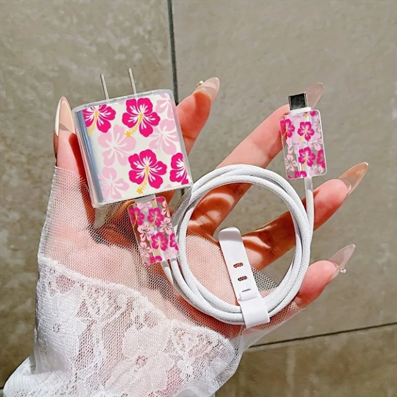 Fashion Flowers Print Charging Data Cable Protector Case For iPhone 18W 20W Charger Protective Cover Winder Accessories Sleeve
