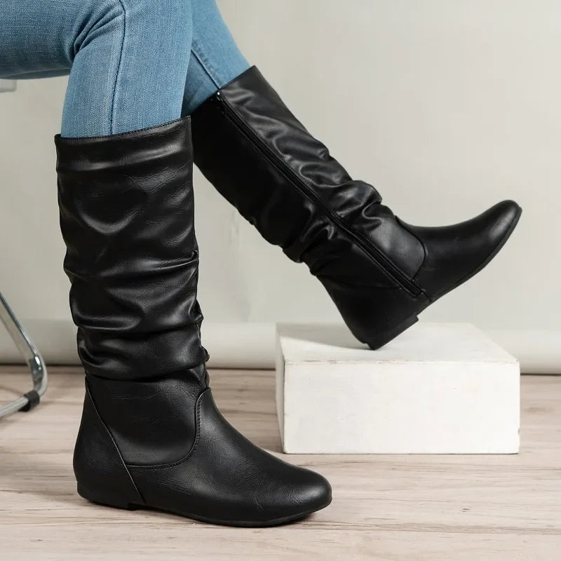 Ladies Shoes 2025 Brand Mid-Calf Women's Boots Fashion Pleated Modern Boots Women Winter Plus Size Best Seller Shoes for Women