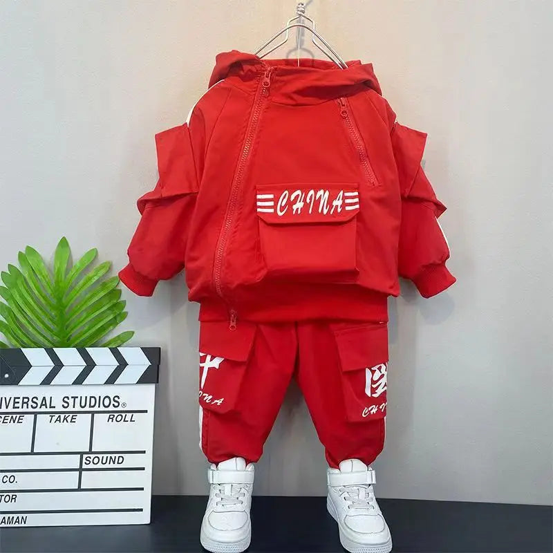 Baby Boys' Clothing Set Spring and Autumn New Handsome Children's Hooded Jacket Pants Two Piece Clothing Sports Set 2-9Y