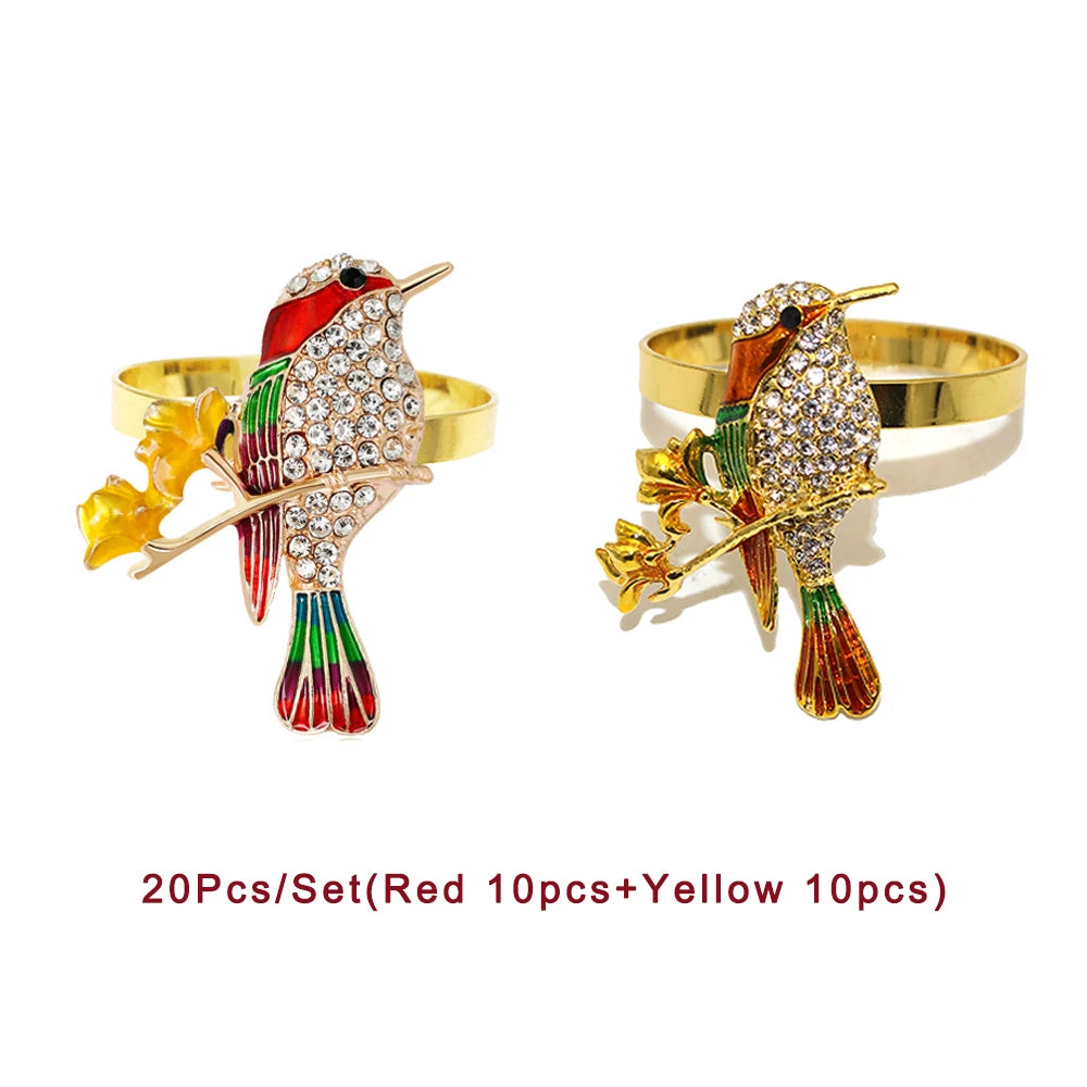 20Pcs Crystal Bird Tree Branch Napkin Rings Rhinestone Hummingbird Animal Napkin Holder for Christmas Wedding Dinner Party Decor