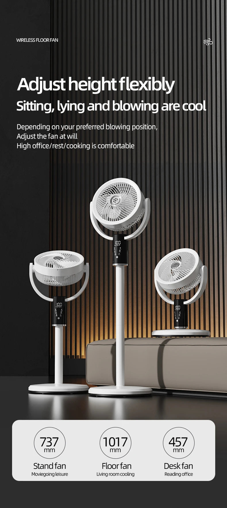 Floor Standing Fan Remote Control 6000mAh USB Rechargeable Height Adjustable Air Circulator for Camping Home Office Sturdy Base