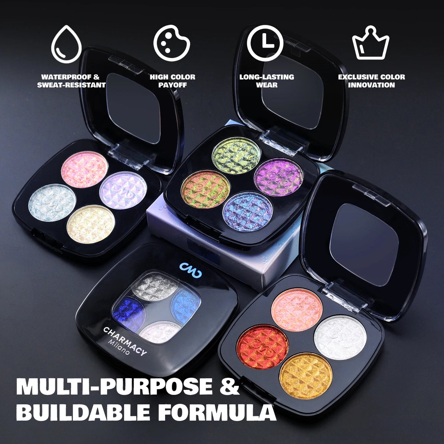CHARMACY 4 Colors Duochrome Eyeshadow Palette High Pigment Vegan Glitter Multichrome Long-lasting Smooth Eye Shadow Makeup