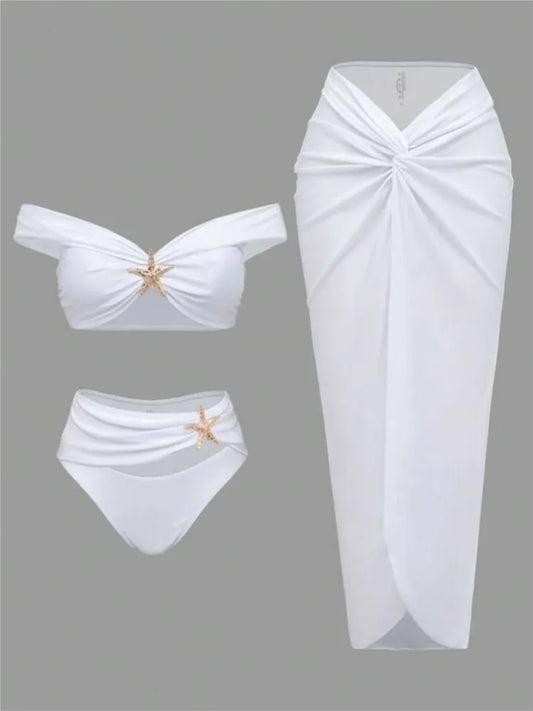 New Women's Clothing Starfish Bikinis Sets Solid Color Swimsuit Long Skirt Three Piece Simple Style Temperament Simple Style