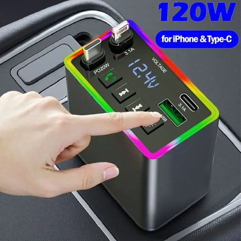 M38 FM Bluetooth MP3 Transmitter 4-in-1 120W Fast Charge Retractable Cable Car Charger with Colorful Light Built-in Media Player