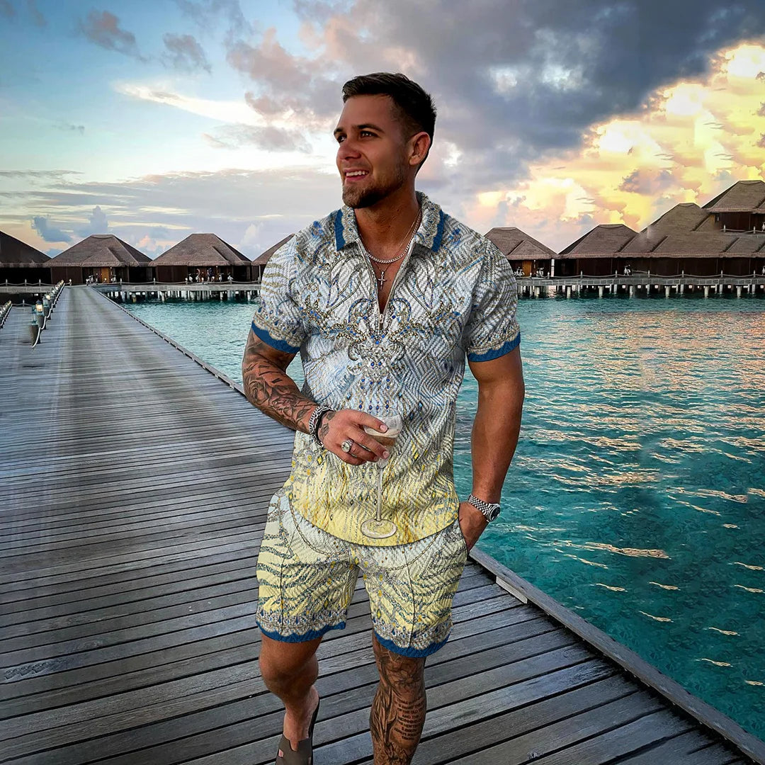 Men Tracksuit Summer New 3D Printed Beach Zipper Polo Shirts Shorts 2 Pcs Sets Boho Geometric Style Holiday Clothing Ropa Hombre